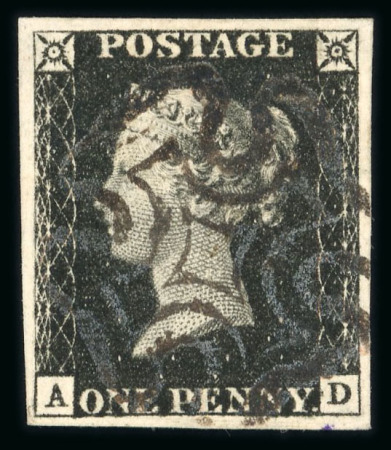 Stamp of Great Britain » 1840 1d Black and 1d Red plates 1a to 11 1840 1d black pl.1b AD with 4 large, even margins and neat strike of black MC, a fine and most attractive example.