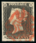 Stamp of Great Britain » 1840 1d Black and 1d Red plates 1a to 11 1840 1d black pl.1b AF with 4 large, even margins, neatly struck orange-red MC, a lovely example.