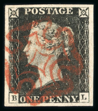 Stamp of Great Britain » 1840 1d Black and 1d Red plates 1a to 11 1840 1d black pl.1b BL with 4 large, even margins, crisp strike of red MC, a magnificent example!