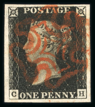 Stamp of Great Britain » 1840 1d Black and 1d Red plates 1a to 11 1840 1d black pl.1b CH with 4 large margins, neat strike of red MC, a very fine and most attractive example.
