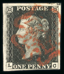Stamp of Great Britain » 1840 1d Black and 1d Red plates 1a to 11 1840 1d black pl.1b LC with clear to large margins and red MC, a fine example.