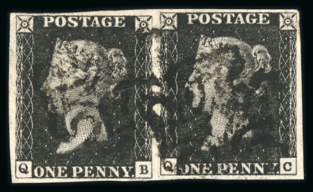 Stamp of Great Britain » 1840 1d Black and 1d Red plates 1a to 11 1840 1d black pl.1b in horizontal pair QB-QC with good margins and 2 strikes of black MC, a fine and attractive piece. (S.G. Spec £1250).