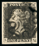 Stamp of Great Britain » 1840 1d Black and 1d Red plates 1a to 11 1840 1d black pl.1b KK with 4 large margins, neat strike of black MC, a very fine example.