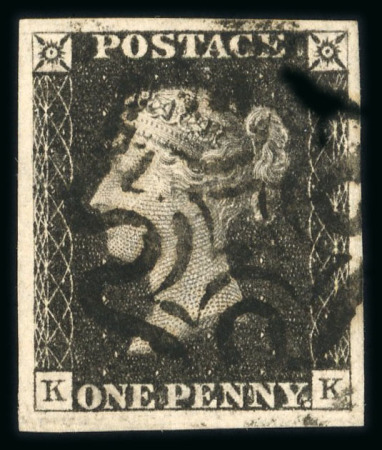 Stamp of Great Britain » 1840 1d Black and 1d Red plates 1a to 11 1840 1d black pl.1b KK with 4 large margins, neat strike of black MC, a very fine example.