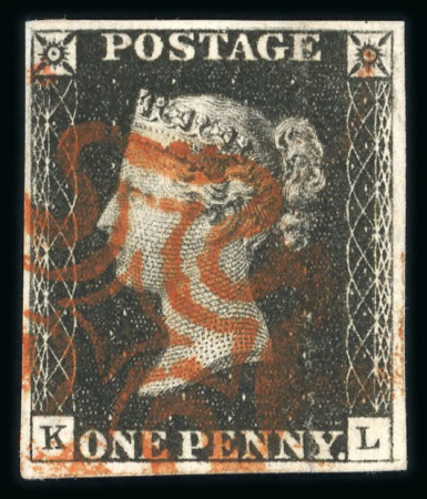 Stamp of Great Britain » 1840 1d Black and 1d Red plates 1a to 11 1840 1d black pl.1b KL with 4 margin and red MC. Fine.