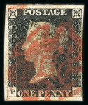 Stamp of Great Britain » 1840 1d Black and 1d Red plates 1a to 11 1840 1d black pl.1b PH with 3 large, one clear margins, red MC, a fine and striking example.