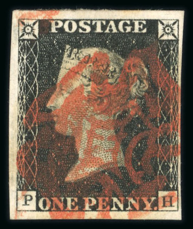 Stamp of Great Britain » 1840 1d Black and 1d Red plates 1a to 11 1840 1d black pl.1b PH with 3 large, one clear margins, red MC, a fine and striking example.