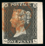 Stamp of Great Britain » 1840 1d Black and 1d Red plates 1a to 11 1840 1d black pl.1b QL with 4 margins (enormous, part marginal at right), red MC (a little smudged), an impressive example.