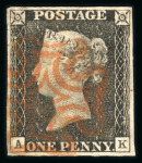Stamp of Great Britain » 1840 1d Black and 1d Red plates 1a to 11 1840 1d black pl.1a AK with 4 margins and neat red MC. Fine.