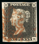 Stamp of Great Britain » 1840 1d Black and 1d Red plates 1a to 11 1840 1d black pl.1b group of 12 fine 4 margin examples on card, 8 with red, 4 with black MC.