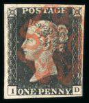 Stamp of Great Britain » 1840 1d Black and 1d Red plates 1a to 11 1840 1d black pl.1b group of 12 fine 4 margin examples on card, 8 with red, 4 with black MC.