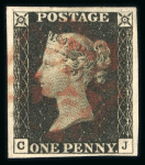 Stamp of Great Britain » 1840 1d Black and 1d Red plates 1a to 11 1840 1d black pl.1b range of 12 fine examples on card, each with 4 margins and red MC.