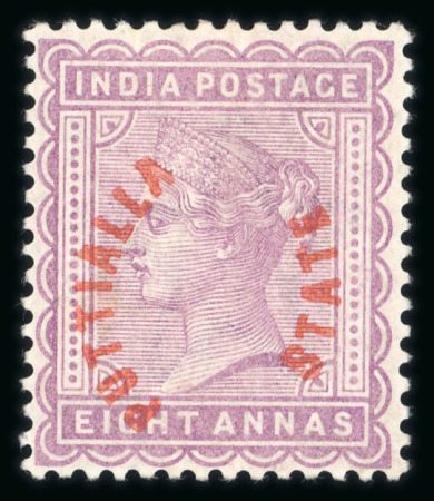 Stamp of Indian States » Patiala 1884 8a dull mauve, type 1 curved opt, 'Opt double, one albino' mint, large part o.g. with various guarantee marks on gum, a fine and attractive example of this scarce item with few examples recorded (only 480 of the bas