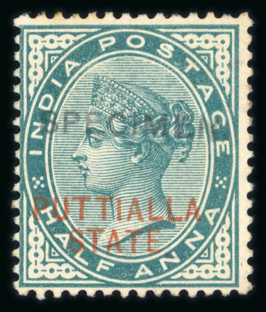 Stamp of Indian States » Patiala 1885 1/2a blue-green (2), 4a blue-green and 1r slate (2) type 2 opt in black, with 1a brown-purple (2) and 8a dull mauve opt in red, each opt SPECIMEN (Samuel type