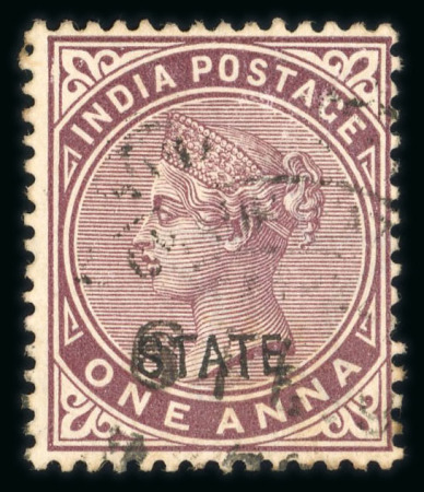Stamp of Indian States » Patiala 1891-96 1a plum, type 3 opt in black lightly used, with variety 'Patiala' omitted. A fine and scarce item with no more than 201 examples possible. (S.G. £600).