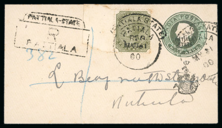 Stamp of Indian States » Patiala 1891-96 4a olive-green left hand marginal on 1/2a green postal stationery cover (locally addressed), with variety 'Patiala' omitted, tied MY 31 00 Registered cds,