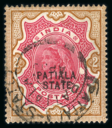 Stamp of Indian States » Patiala 1891-96 2r carmine and yellow brown, type 3 opt used with hooded Patiala State cds, a pressed vertical crease barely detracts from this seldom offered and scarce