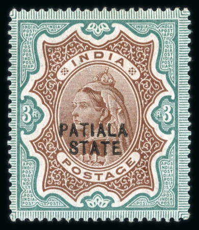 Stamp of Indian States » Patiala 1891-96 3r brown and green, type 3 opt mint with large part o.g., with variety 'Opt double, one albino', very fine and scarce. (S.G. £450).
