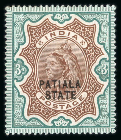 Stamp of Indian States » Patiala 1891-96 3r brown and green, type 3 opt mint with large part o.g., with variety 'Opt triple, two albino', a fine example. Scarce. (S.G. £375).