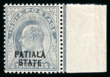 Stamp of Indian States » Patiala 1903-06 3p pale grey, opt type 3 marginal very fine original gum, with variety 'Additional albino opt of Jind', a scarce and striking error, occuring at the point of the