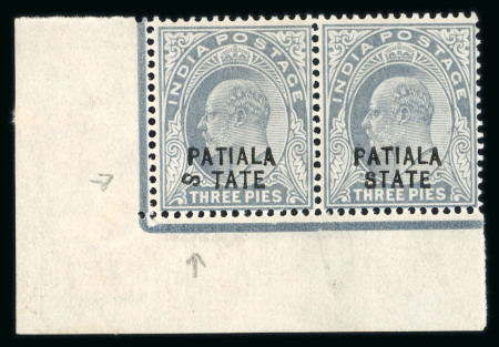 Stamp of Indian States » Patiala 1903-06 3p pale grey, opt type 3 in lower left corner marginal pair mint with large part o.g. (typically light toning), the left hand stamp showing the variety 'S' in 'State'