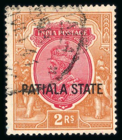Stamp of Indian States » Patiala 1928-34 2r carmine and orange, opt type 5 in lower marginal strip of 3 NH, plus a single example used, each with inverted watermark.