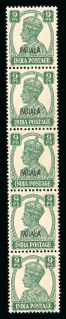 Stamp of Indian States » Patiala 1941-46 9p green, opt type 7 in vertical strip of 5 mint with large part original (lightly toned as typical) gum, the lower pair (which is NH) showing variety 'Vert pair,