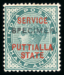 Stamp of Indian States » Patiala Officials: 1885-90 1/2a blue-green and 2a dull blue (2), unissued with opt in red, also 1a brown-purple (2, one very toned) opt in black, with complete offset of opt in