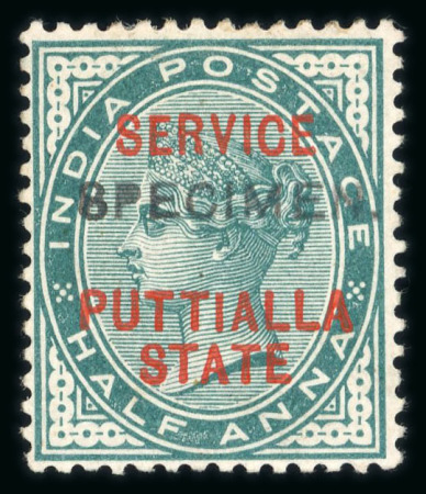 Stamp of Indian States » Patiala Officials: 1885-90 1/2a blue-green and 2a dull blue (2), unissued with opt in red, also 1a brown-purple (2, one very toned) opt in black, with complete offset of opt in