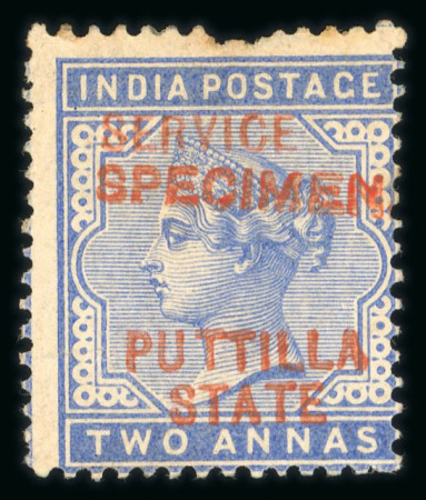 Stamp of Indian States » Patiala Officials: 1885-90 2a dull blue, opt type O3 in red with error 'PUTTILLA' unused without gum opt SPECIMEN. Although defective at top this is a very scarce item with