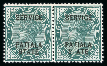 Stamp of Indian States » Patiala Officials: 1891-1900 1/2a blue-green, opt type O4 in fine mint pair with large part o.g., the right hand stamp with the variety 'S ATE'. Scarce. Cert. B.P.A. (2020).