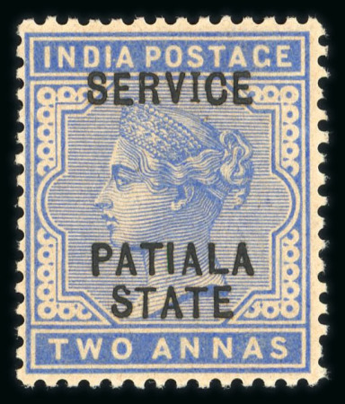 Stamp of Indian States » Patiala Officials: 1891-1900 2a dull blue, opt type O4 mint with original (toned) gum, with the variety Thin 'I' in 'SERVICE'. Scarce. Cert. B.P.A. (2021). (S.G. £700).