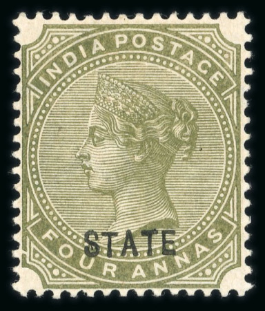 Stamp of Indian States » Patiala 1891-96 4a olive-green, opt type 3 mint with large part o.g., with the variety 'PATIALA' omitted, fine and scarce. Cert. B.P.A. (2020). (S.G. £850).