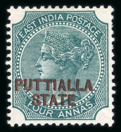 Stamp of Indian States » Patiala 1885 4a blue-green, opt type 2 in red mint with large part o.g., with 'Opt in red and black' variety (blunt perf upper right). (S.G. £450).