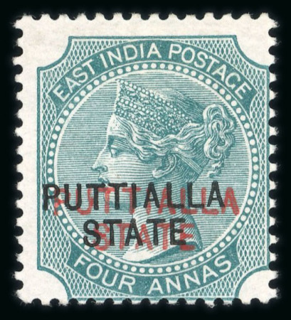 Stamp of Indian States » Patiala 1885 4a blue-green, opt type 2 in red mint with large part o.g., with 'Opt in red and black' variety, centered to lower right. (S.G. £450).