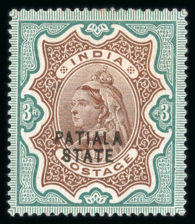 Stamp of Indian States » Patiala 1891-96 3r brown and green, opt type 3, two mint examples with part o.g., showing 'Opt double, one albino' and 'Opt trble, one albino', an attractive pair. (S.G. £825).
