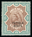 Stamp of Indian States » Patiala 1891-96 3r brown and green, opt type 3, two mint examples with part o.g., showing 'Opt double, one albino' and 'Opt trble, one albino', an attractive pair. (S.G. £825).