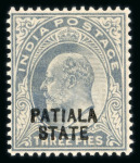 Stamp of Indian States » Patiala 1903-06 3p pale grey, opt type 3 mint with large part (slightly toned) o.g., with the 'Additional albino opt of Jind', a scarce and seldom offered variety. (S.G. £400).