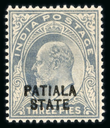 Stamp of Indian States » Patiala 1903-06 3p pale grey, opt type 3 mint with large part (slightly toned) o.g., with the 'Additional albino opt of Jind', a scarce and seldom offered variety. (S.G. £400).