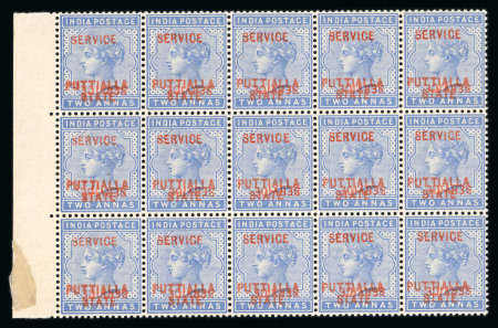 Stamp of Indian States » Patiala Officials: 1884 2a dull blue, opt type O3 in red in mint NH marginal block of 15 (one stamp thinned), toned gum, each with 'Service double, one inverted'. (S.G. £450).