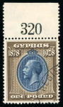 Stamp of Cyprus 1928 Anniversary £1 blue and bistre-brown upper marginal with sheet number '320' used with part Registered cancel. (S.G. £325).