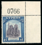 Stamp of Cyprus 1928 Anniversary 45pi and £1 blue and bistre-brown mint n.h. corner marginal examples