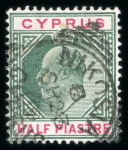Stamp of Cyprus 1904-10 Wmk Mult Crown CA 5pa, 10pa (short perfs at right), 1/2pi and 30pa used, each with the 'Broken top left triangle', a scarce quartet. (S.G. £425).
