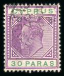 Stamp of Cyprus 1904-10 Wmk Mult Crown CA 5pa, 10pa (short perfs at right), 1/2pi and 30pa used, each with the 'Broken top left triangle', a scarce quartet. (S.G. £425).