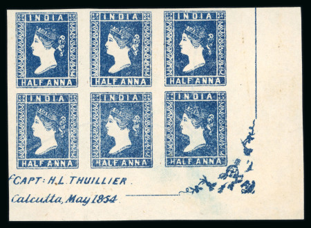 Stamp of India » 1854 Lithographs 1854 SG4 1/2a Deep Blue Die I unused lower right corner marginal block of six