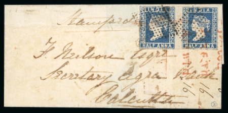 Stamp of India » 1854 Lithographs 1855 1/2a Blue Die I pair used on a cover from Jumalpore to Calcutta