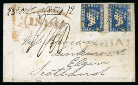 Stamp of India » 1854 Lithographs 1854 1/2a Blue Die I pair used on a cover from Belgaum to Scotland cancelled with diamond of dots cancel