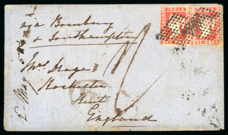 Stamp of India » 1854 Lithographs 1855 1a Deep Red Die I two singles on cover cancelled with diamond of dots cancel, posted from Cawnpore