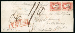 Stamp of India » 1854 Lithographs 1855 1a Red Die I vertical pair on cover cancelled with diamond of dots cancel, posted from Deebrughur (Bengal circle) to England