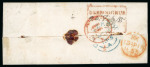 Stamp of India » 1854 Lithographs 1855 1a Red Die I vertical pair on cover cancelled with diamond of dots cancel, posted from Deebrughur (Bengal circle) to England